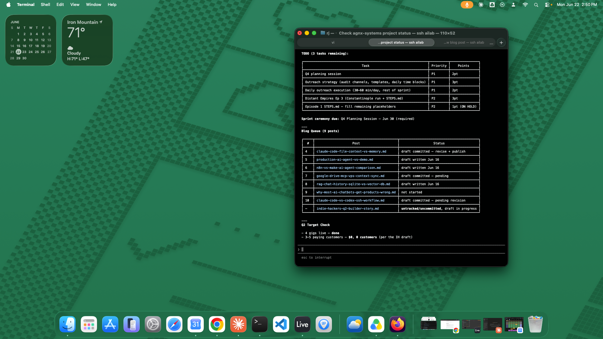 Claude Code terminal showing full status output with ASCII sprint board