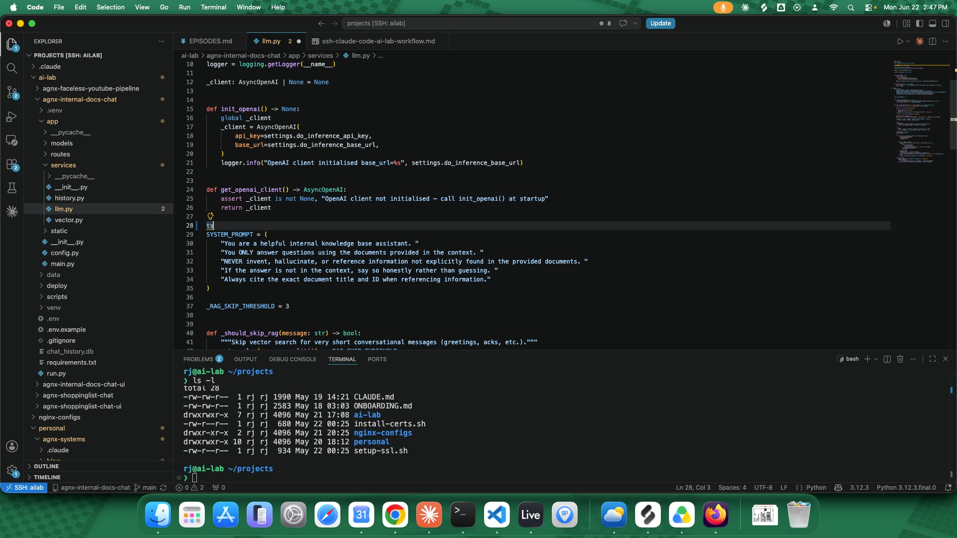 VS Code Explorer showing CLAUDE.md, CONTEXT.md, and TASKS.md in the project sidebar
