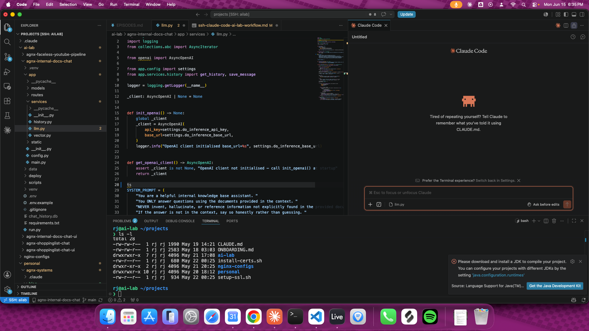 VS Code connected to ailab over Remote SSH